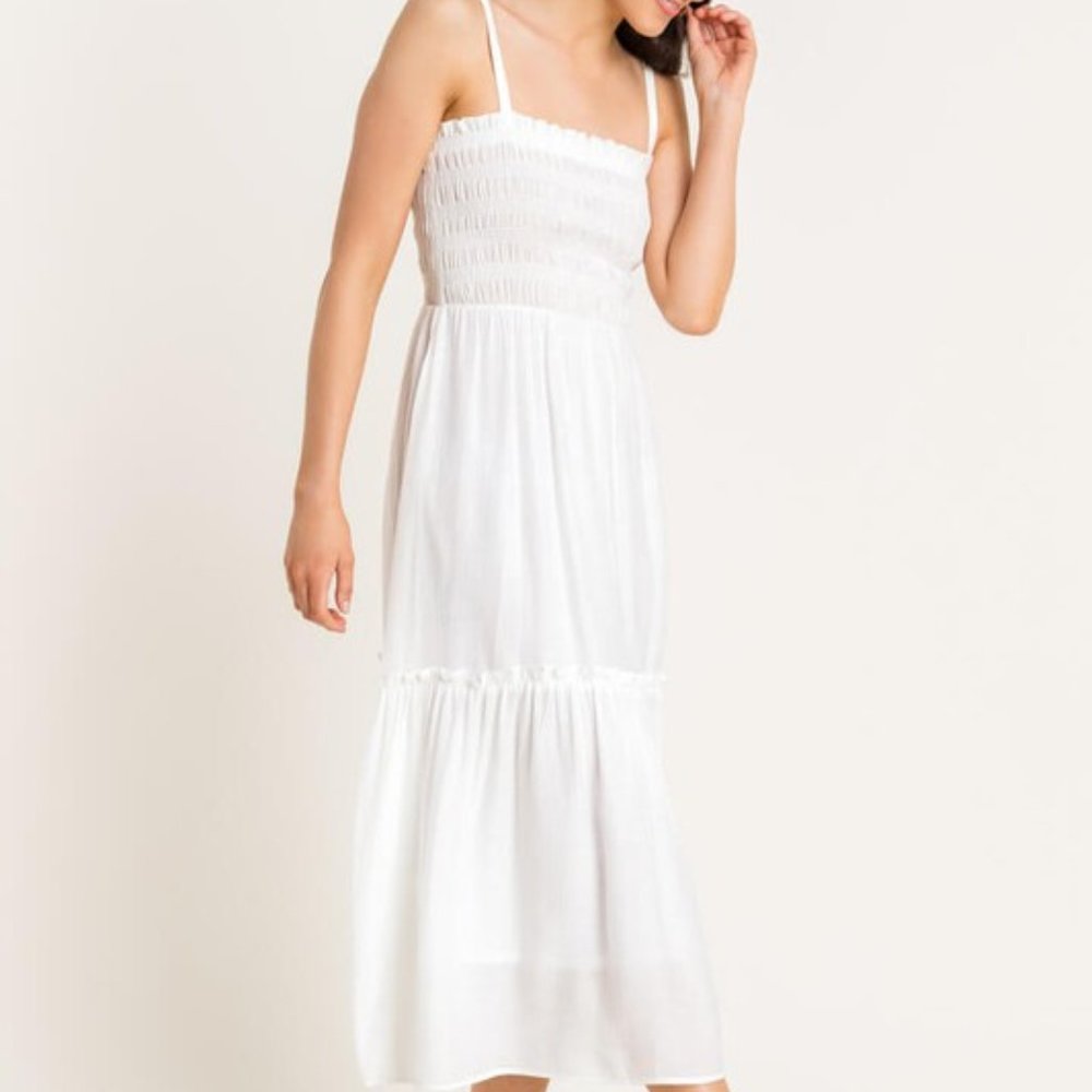 White Smocked Tiered Midi Dress - Picture 2 of 7